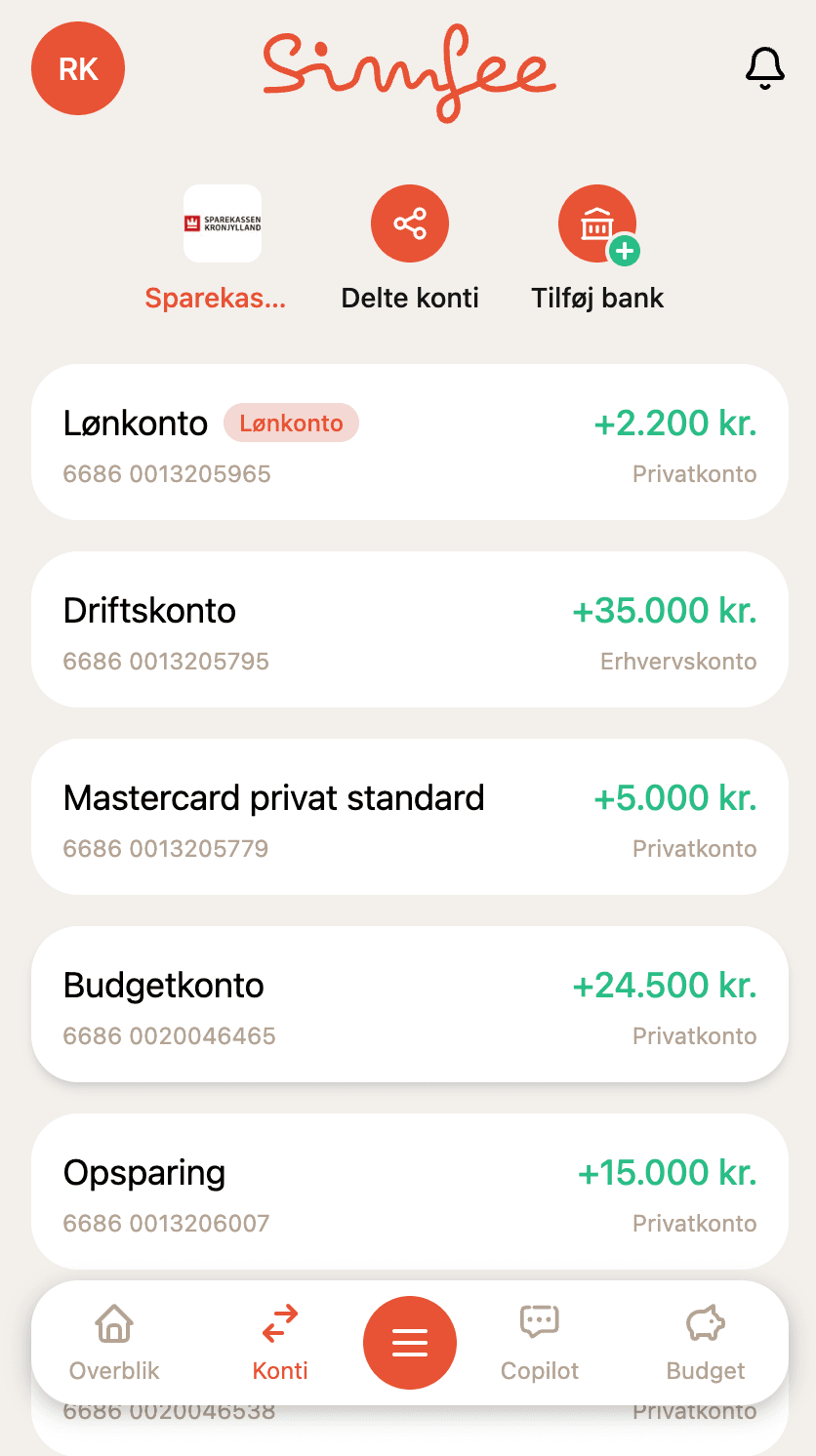 Alle bankkonti samlet i Simfee